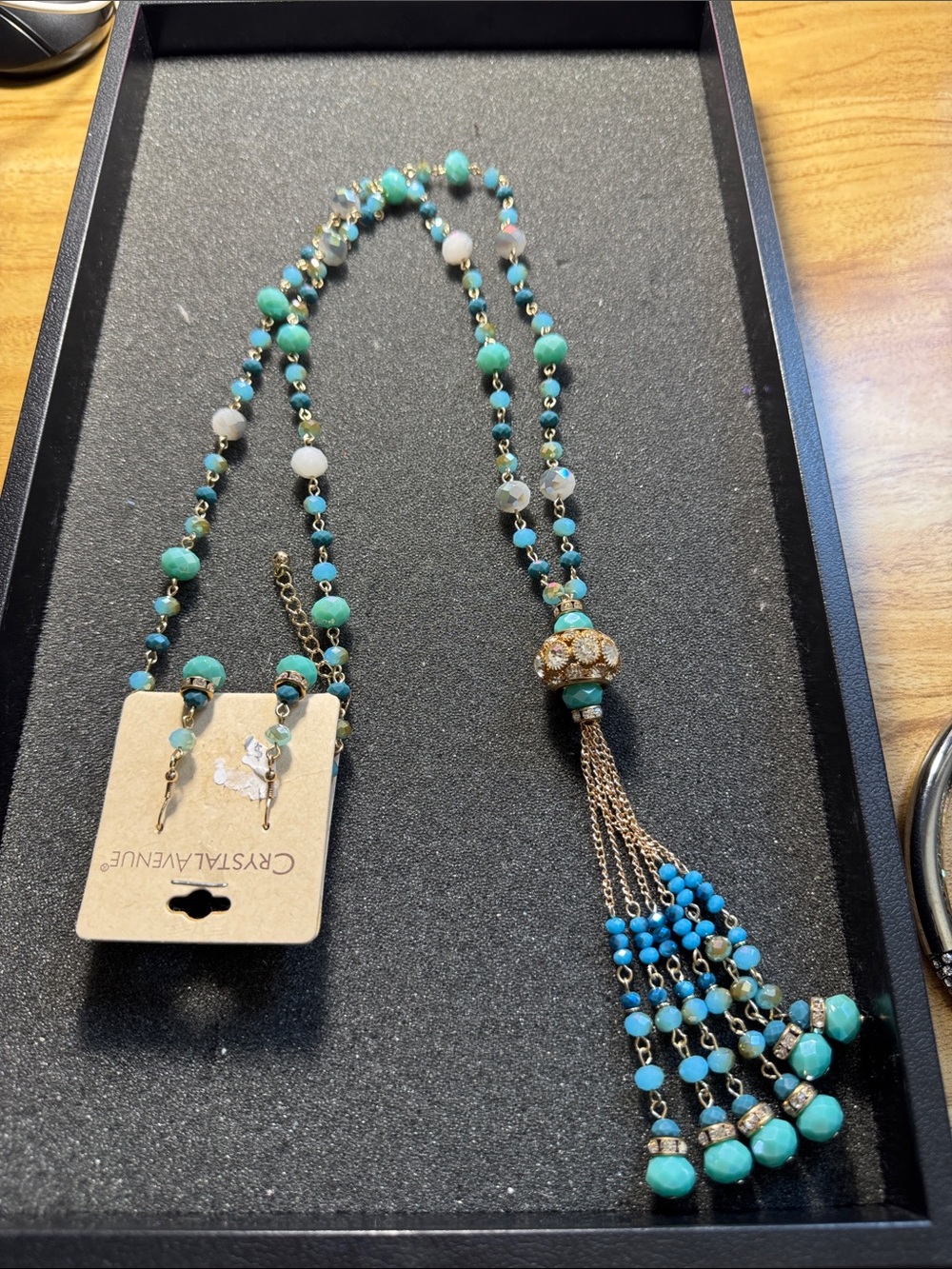 Turquoise Bead Tassel Necklace and Earring Set